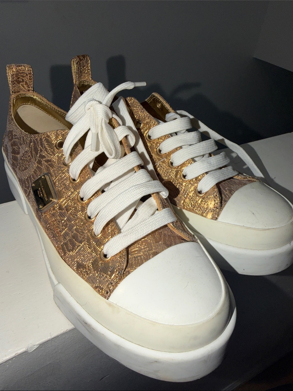 Dolce & Gabbana Gold Lace-Textured Platform Sneakers with White Accents